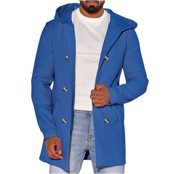 hopeusince Men's Hooded Cardigan Sweater Long Sleeve Button Up Slim Fit Winter Warm Outwear Overcoat with Pockets Blue XL