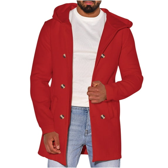 hopeusince Men's Hooded Cardigan Sweater Long Sleeve Button Up Slim Fit Winter Warm Outwear Overcoat with Pockets Red XXXL