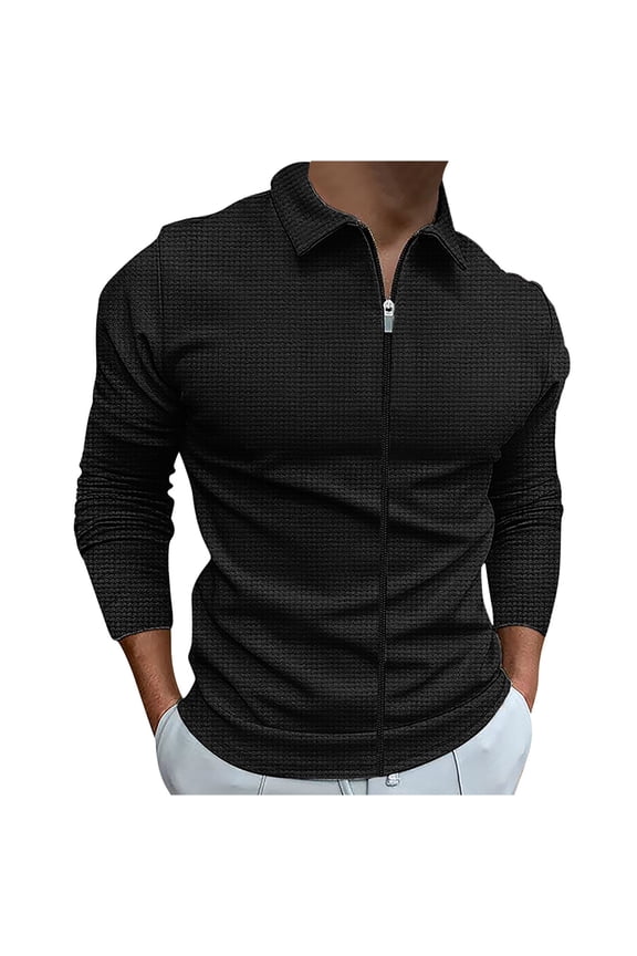 hopeusince Men's Knit Henley Shirt Long Sleeve Full Zip Up Turtleneck Slim Fit T-Shirts Tops Black L