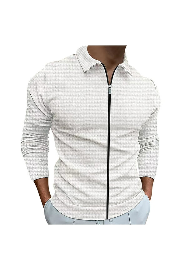hopeusince Men's Knit Henley Shirt Long Sleeve Full Zip Up Turtleneck Slim Fit T-Shirts Tops White XXL