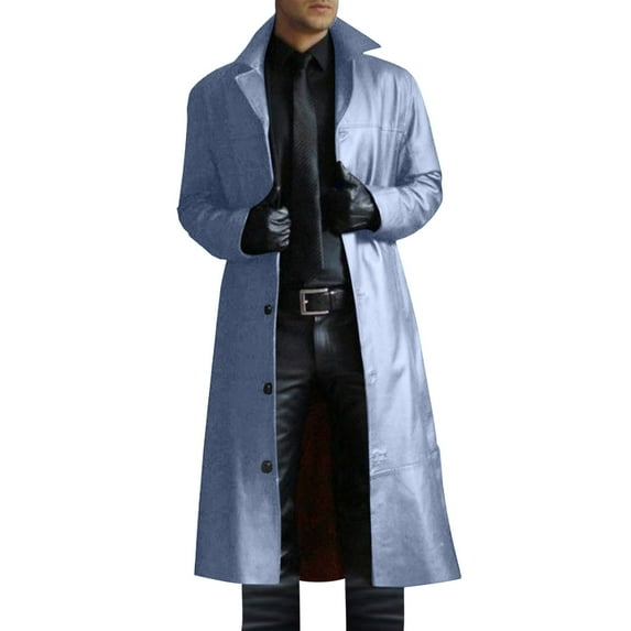 hopeusince Men's Lapel Long Sleeve Solid Color Button Up Slim Fit Wool Coat Jacket Outwear with Pockets Blue XXXL