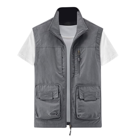 hopeusince Men's Lightweight Mesh Breathable Sleeveless Zip-Up Stand Collar Multi-Pockets Quick Dry Travel Vest Gray XL
