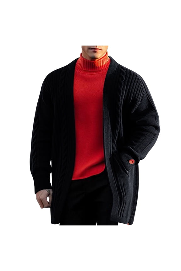 hopeusince Men's Long Sleeve Solid Color Cardigan Sweater with Pockets Turtleneck Knitted Coat Outwear Black M