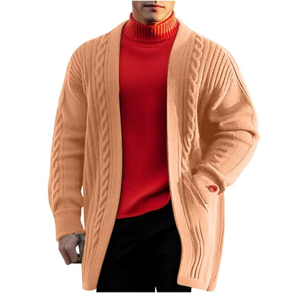 hopeusince Men's Long Sleeve Solid Color Cardigan Sweater with Pockets Turtleneck Knitted Coat Outwear Khaki M