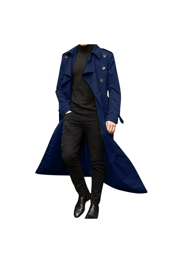 hopeusince Men's Long Trench Coat Double Breasted Slim Fit Overcoat Business Windbreaker Jacket with Belt Winter Warm Outwear Blue L
