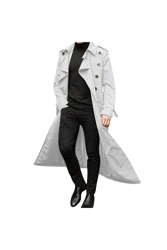 hopeusince Men's Long Trench Coat Double Breasted Slim Fit Overcoat Business Windbreaker Jacket with Belt Winter Warm Outwear White S