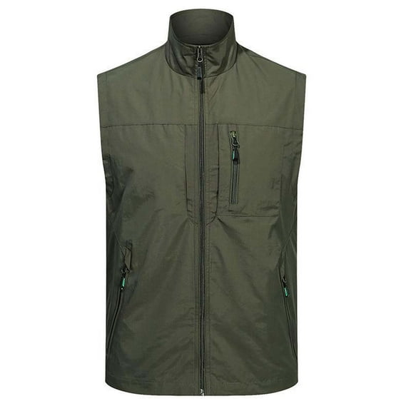 hopeusince Men's Outdoor Lightweight Stand Collar Multi-Pockets Quick-Dry Breathable Sports Vest Army Green L