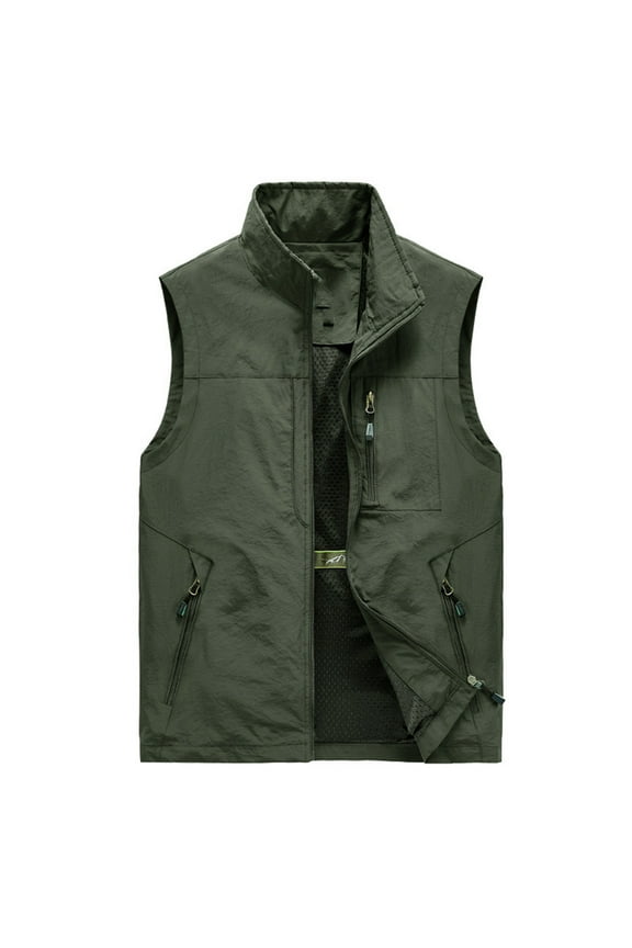 hopeusince Men's Outdoor Sportswear Stand Collar Sleeveless Gilet Fleece Lined Warm Waistcoat Multi Pockets Zipper Vest Army Green L