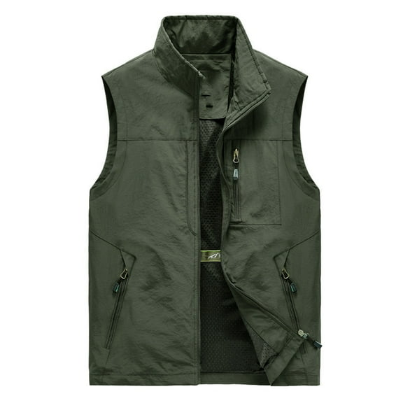 hopeusince Men's Outdoor Sportswear Stand Collar Sleeveless Gilet Fleece Lined Warm Waistcoat Multi Pockets Zipper Vest Army Green L