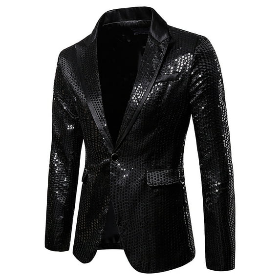 hopeusince Men's Sequins Blazer Jacket Party Suit One Button Slim Fit Tuxedo for Wedding Prom Black XXL