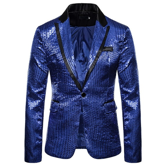 hopeusince Men's Sequins Blazer Jacket Party Suit One Button Slim Fit Tuxedo for Wedding Prom Blue L