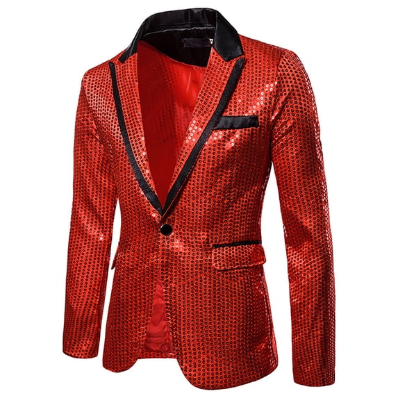 hopeusince Men's Sequins Blazer Jacket Party Suit One Button Slim Fit Tuxedo for Wedding Prom Red S