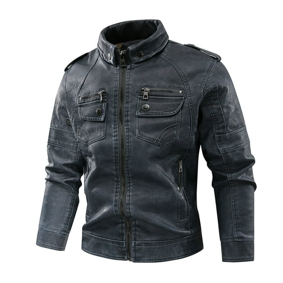 hopeusince Men's Slim Fit Faux Leather Stand Collar Zipper Pockets Biker Motorcycle Jackets Coats Outwear Blue XXXL
