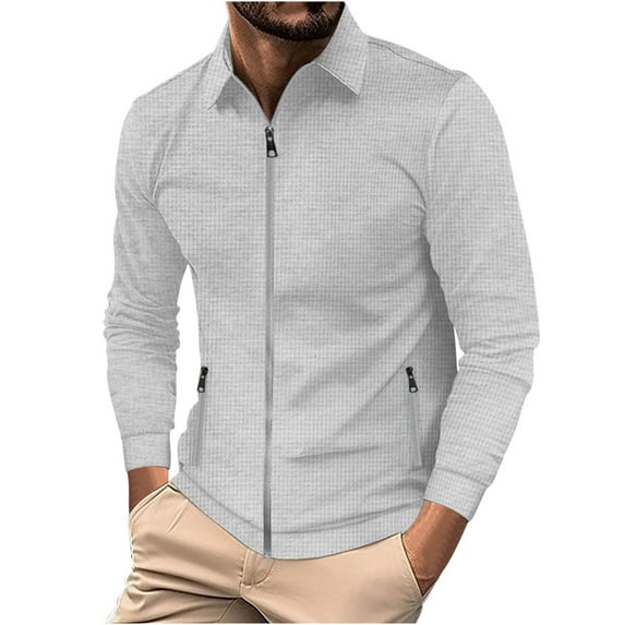 hopeusince Men's Slim Fit Long Sleeve Zipper Stand Collar Plaid Shirt Jacket with Pockets Gray XXL