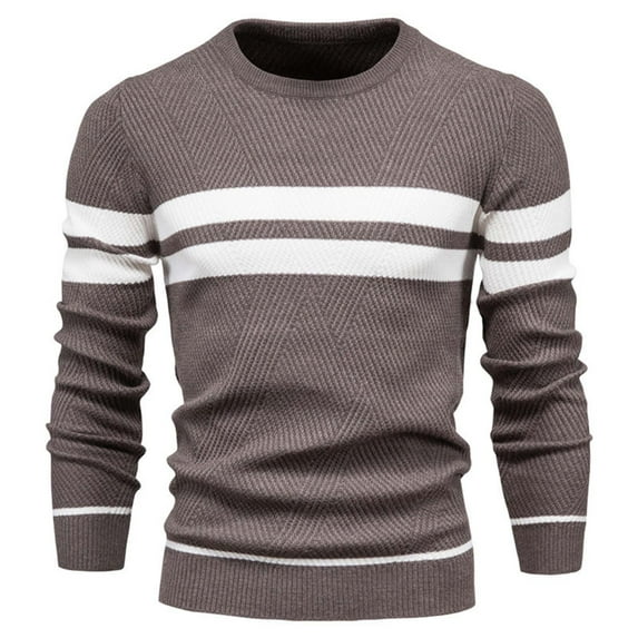 hopeusince Men's Slim Fit Round Neck Long Sleeve Striped Pullover Sweater Knitted Jumper Tops Coffee L