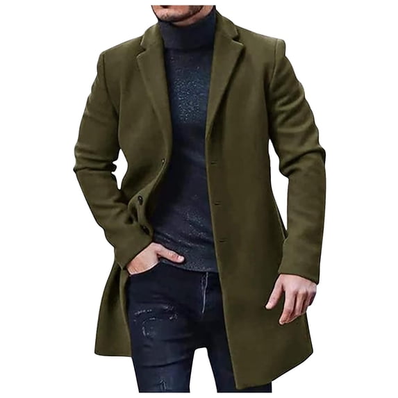 hopeusince Men's Slim Fit Wool Peacoat Notched Lapel Single Breasted Winter Warm Overcoat Business Trench Coat Outwear with Two Pockets Army Green XXL