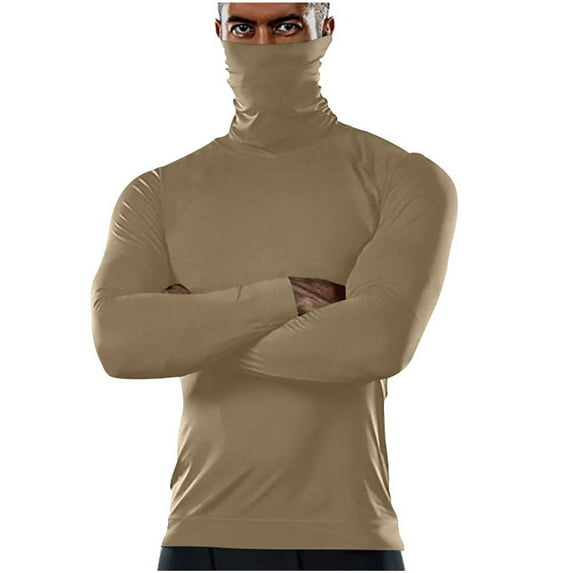 hopeusince Men's Turtleneck Sports Mask Long Sleeve Compression Top Quick Dry Fitness Base Layer Shirt Khaki XL