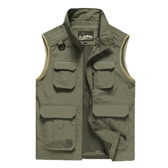 hopeusince Men's Winter Outdoor Sports Travel Vest Lightweight Stand Collar Sleeveless Jacket with Multi Pockets Quick Dry Breathable Mesh Lining Photography Waistcoat Khaki XXXL