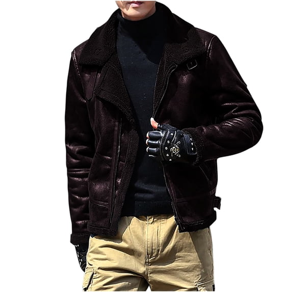 hopeusince Men's Winter Warm Faux Leather Jacket Thickened Fleece Lapel Motorcycle Biker Coat Outwear with Pockets Coffee L