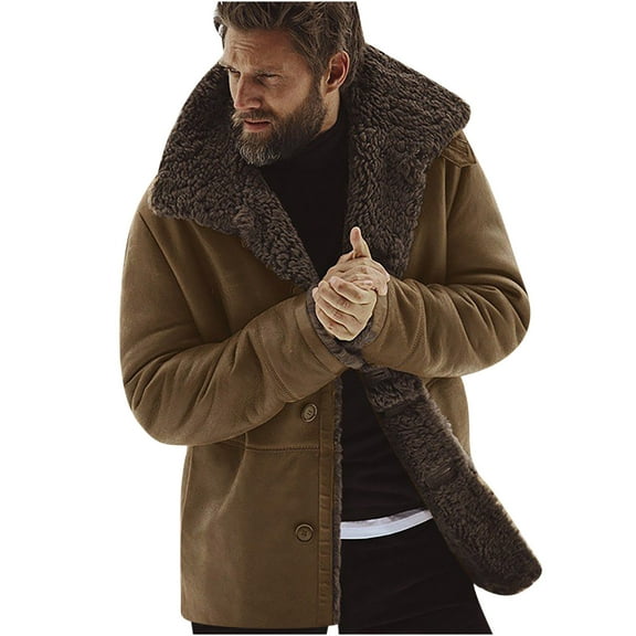 hopeusince Men's Winter Warm Faux Shearling Coat Thicken Fleece Lapel Outwear Overcoat Windproof Collar Button Up Jackets with Pockets Khaki XL
