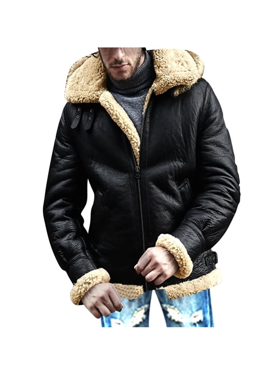 hopeusince Men's Winter Warm Faux Shearling Hooded Bomber Flight Jacket Outwear Coat with Pockets Black S