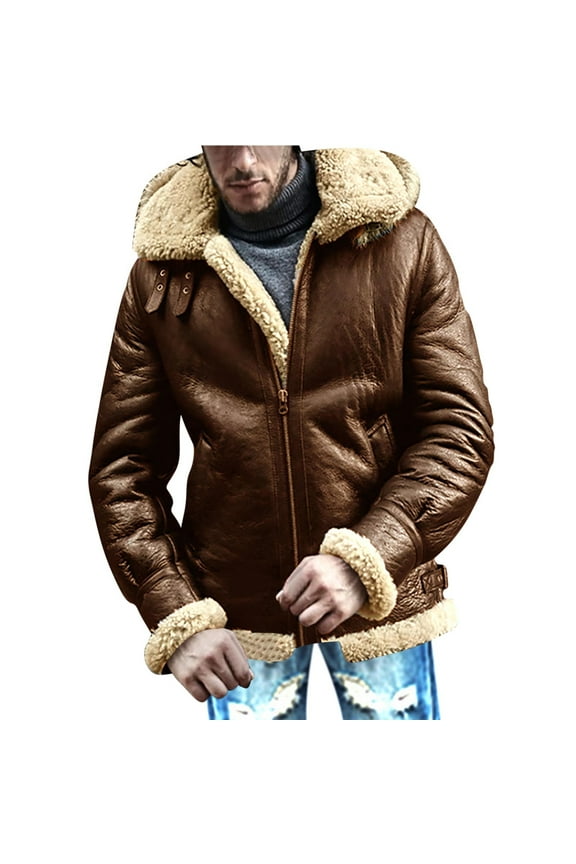 hopeusince Men's Winter Warm Faux Shearling Hooded Bomber Flight Jacket Outwear Coat with Pockets Coffee L