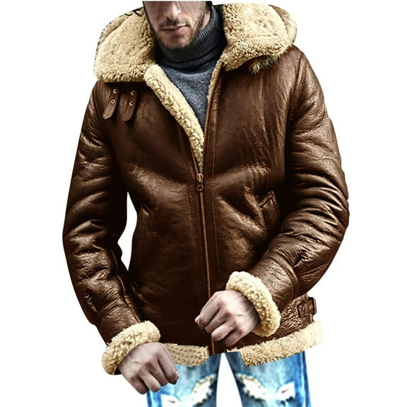 hopeusince Men's Winter Warm Faux Shearling Hooded Bomber Flight Jacket Outwear Coat with Pockets Coffee L
