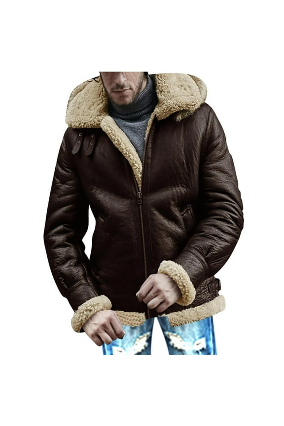 hopeusince Men's Winter Warm Faux Shearling Hooded Bomber Flight Jacket Outwear Coat with Pockets Khaki XXL