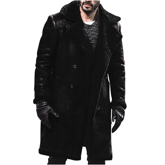 hopeusince Men's Winter Warm Faux Shearling Long Overcoat Double Breasted Turn-Down Collar Lapel Thickened Windproof Outwear Trench Coat Black XXL