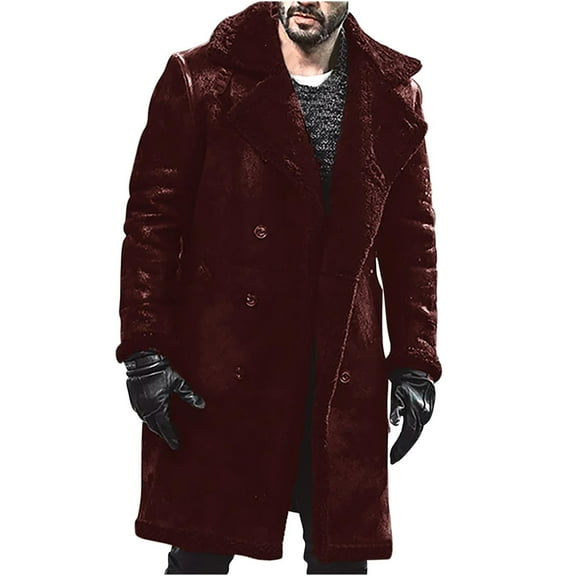 hopeusince Men's Winter Warm Faux Shearling Long Overcoat Double Breasted Turn-Down Collar Lapel Thickened Windproof Outwear Trench Coat Wine XXXXL