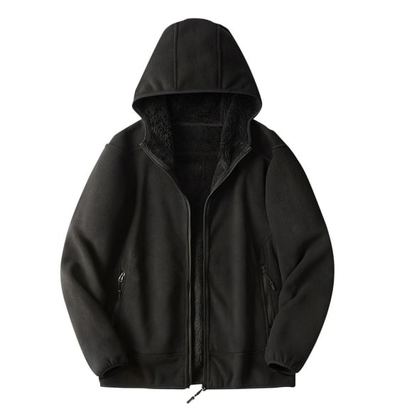 hopeusince Men's Winter Warm Fleece Hoodie Thickened Hooded Sweatshirt Jackets with Zipper Pockets Thermal Coats Outwear Black L