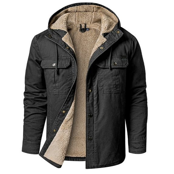 hopeusince Men's Winter Warm Hooded Shirt Jacket Corduroy Coats Fleece Jackets with Pockets Black XXL