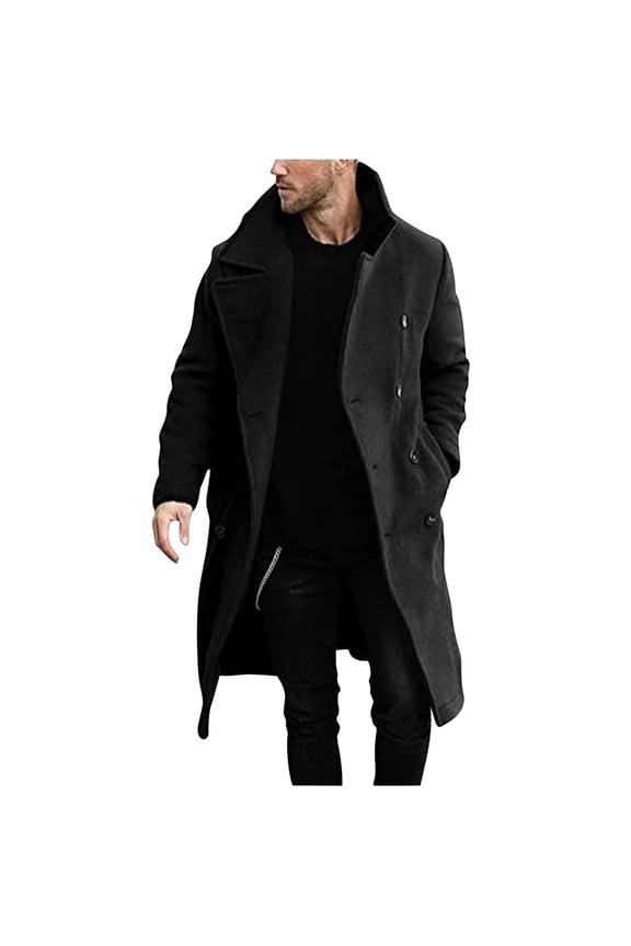 hopeusince Men's Winter Wool Overcoat Classic Fit Long Warm Trench Coat Double Breasted Outwear with Pockets Business Overcoat Black L