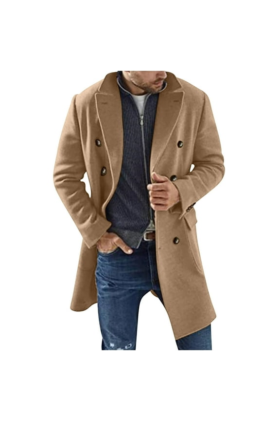 hopeusince Men's Winter Wool Overcoat Double Breasted Pea Coat Slim Fit Warm Trench Long Jacket with Pockets Brown XXL