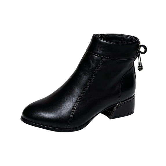 hopeusnice Back Zip Square Heel Ankle Boots Women Tassel Detail Leather Upper Booties Black 40