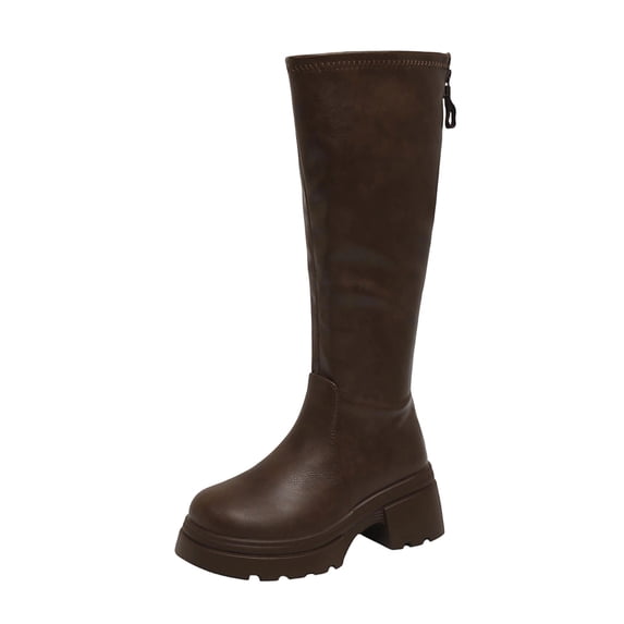 hopeusnice Back Zipper Knee High Boot Round Toe Sole Chunky Heel Winter Warm Boot Brown 36