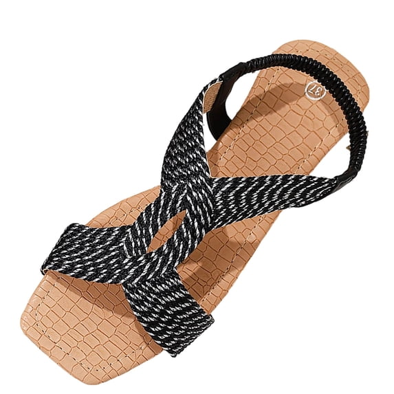 hopeusnice Braided Crisscross Strap Elastic Slingback Flat Sandal Women Casual Summer Footwear Black 40