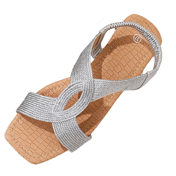 hopeusnice Braided Crisscross Strap Elastic Slingback Flat Sandal Women Casual Summer Footwear Silver 39