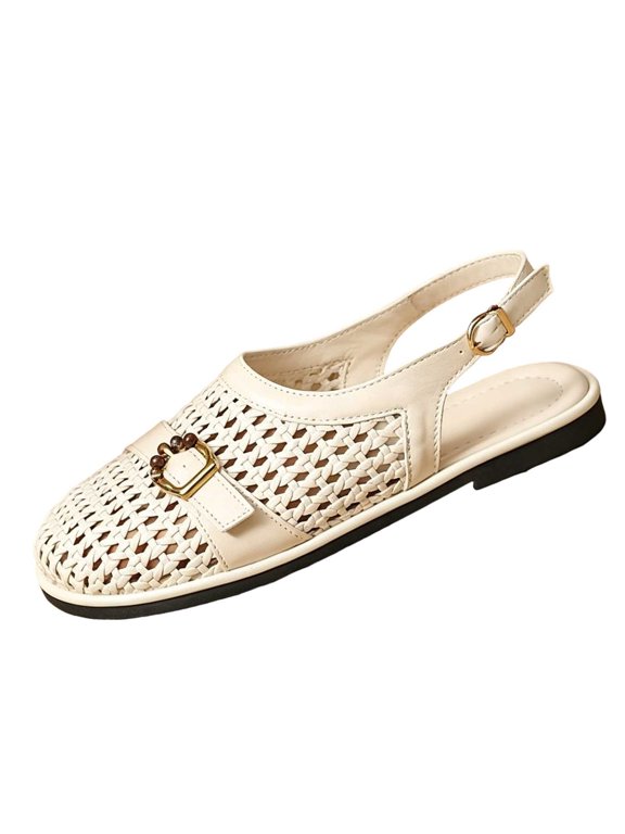 Braided Wooden Bead Slingback Flat Mules Women Casual Daily Footwear Beige 40