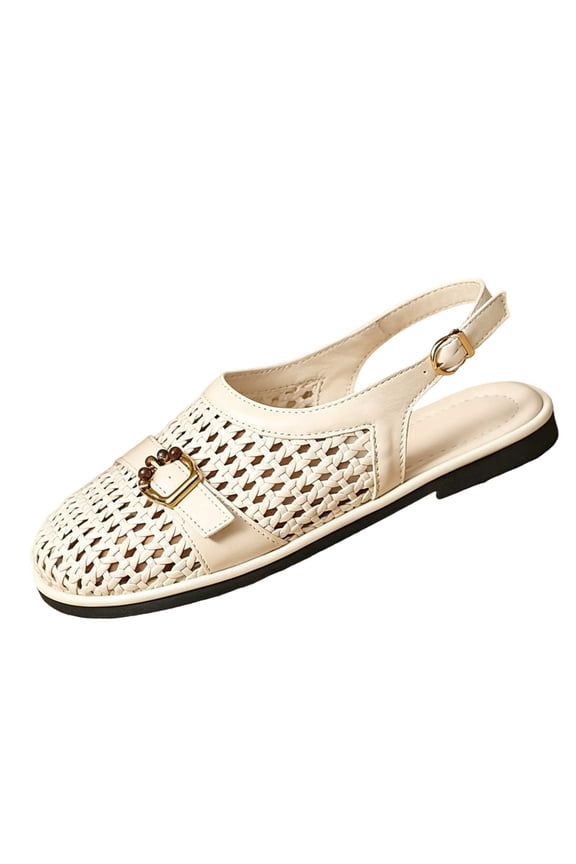 Braided Wooden Bead Slingback Flat Mules Women Casual Daily Footwear Beige 40