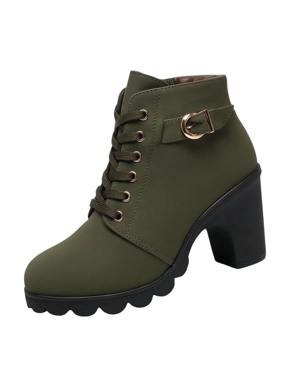 Buckle Chunky Heel Ankle Boots Women Lace Up Suede Upper Winter Booties Army Green 35
