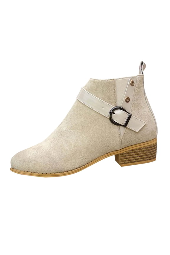 Buckle Suede Square Heel Ankle Boots Women Side Zipper Round Toe Daily Booties Beige 43