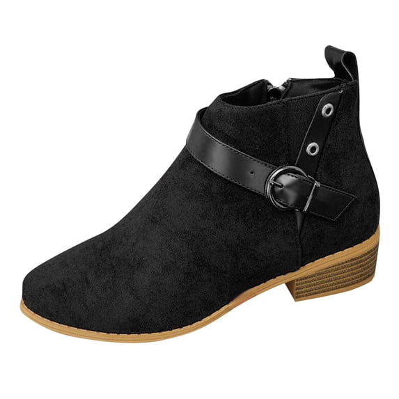 hopeusnice Buckle Suede Square Heel Ankle Boots Women Side Zipper Round Toe Daily Booties Black 41