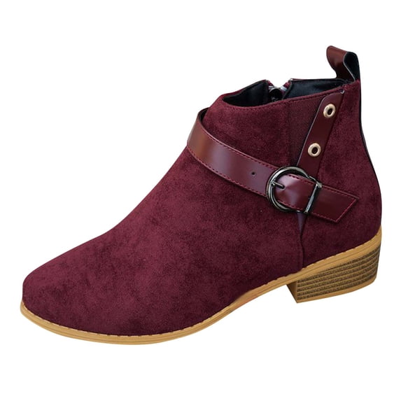 hopeusnice Buckle Suede Square Heel Ankle Boots Women Side Zipper Round Toe Daily Booties Wine 36