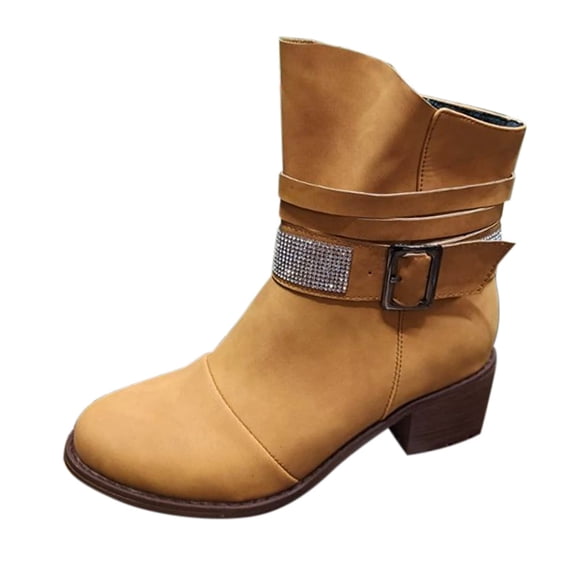 hopeusnice Women's Ankle Boots Buckle Rhinestone Low Heel Boots Block Heel Winter Shoes Faux Leather Short Boots Brown 39
