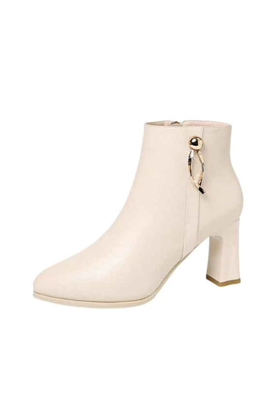 Women's Ankle Boots Pointed Toe Zipper Block Heel Booties Comfortable Leather Shoes Fall Winter Dressy Shoes Beige 40