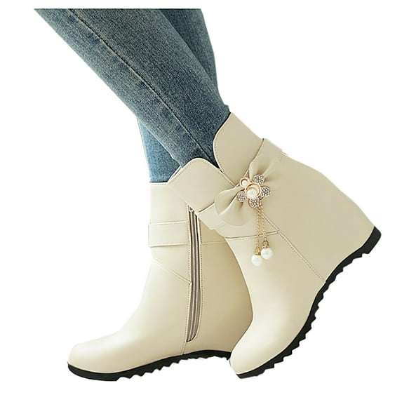 Women's Ankle Boots Wedge Heel Zipper Closure Bowknot Decor Faux Leather Booties Short Boots Comfortable Wedge Heel Shoes Beige 36
