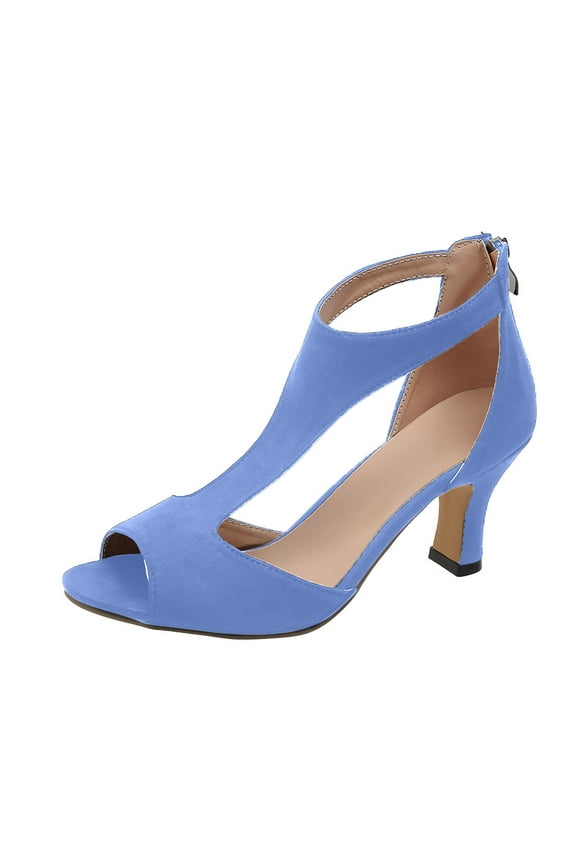 Women's Ankle Strap Open Toe Heels Suede Low Block Heel Sandals Dressy Comfortable Zipper Closure Party Wedding Shoes Sky Blue 35