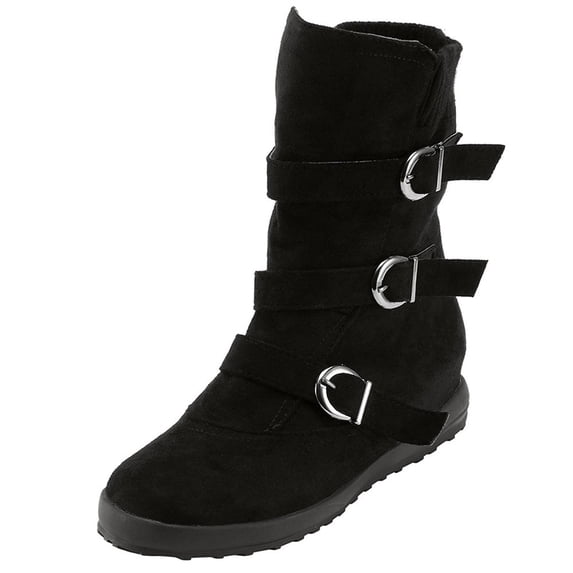 hopeusnice Women's Buckle Ankle Boots Suede Winter Warm Booties Fashion Comfortable Low Heel Short Wedge Boots Black 36