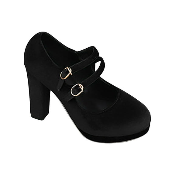 hopeusnice Women's Buckle Strap Platform Heels Chunky High Heel Shoes Closed Toe Velvet Dress Pumps Wedding Party Shoes Black 41